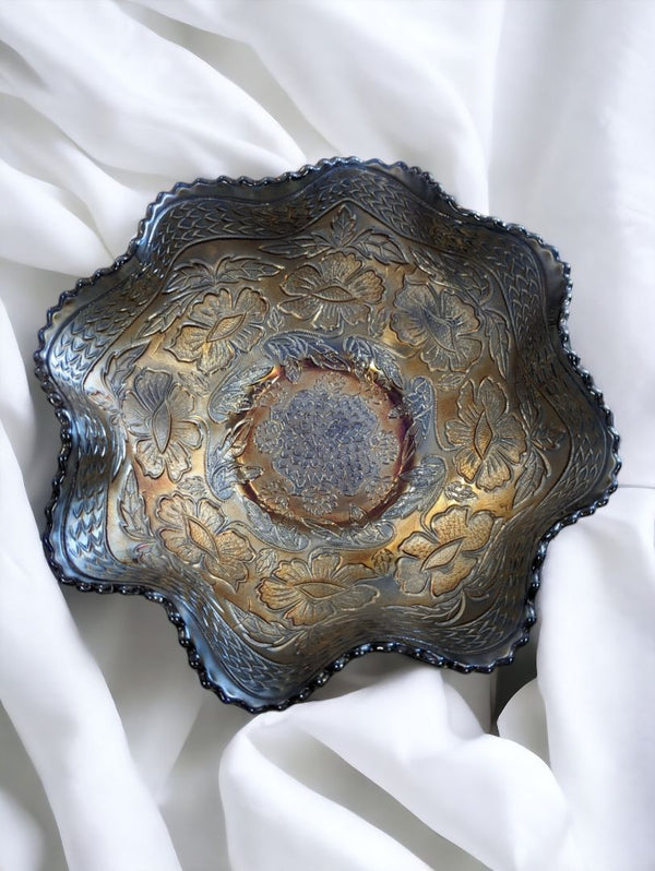 Vintage Fenton Blue Carnival Dragon Glass Bowl
