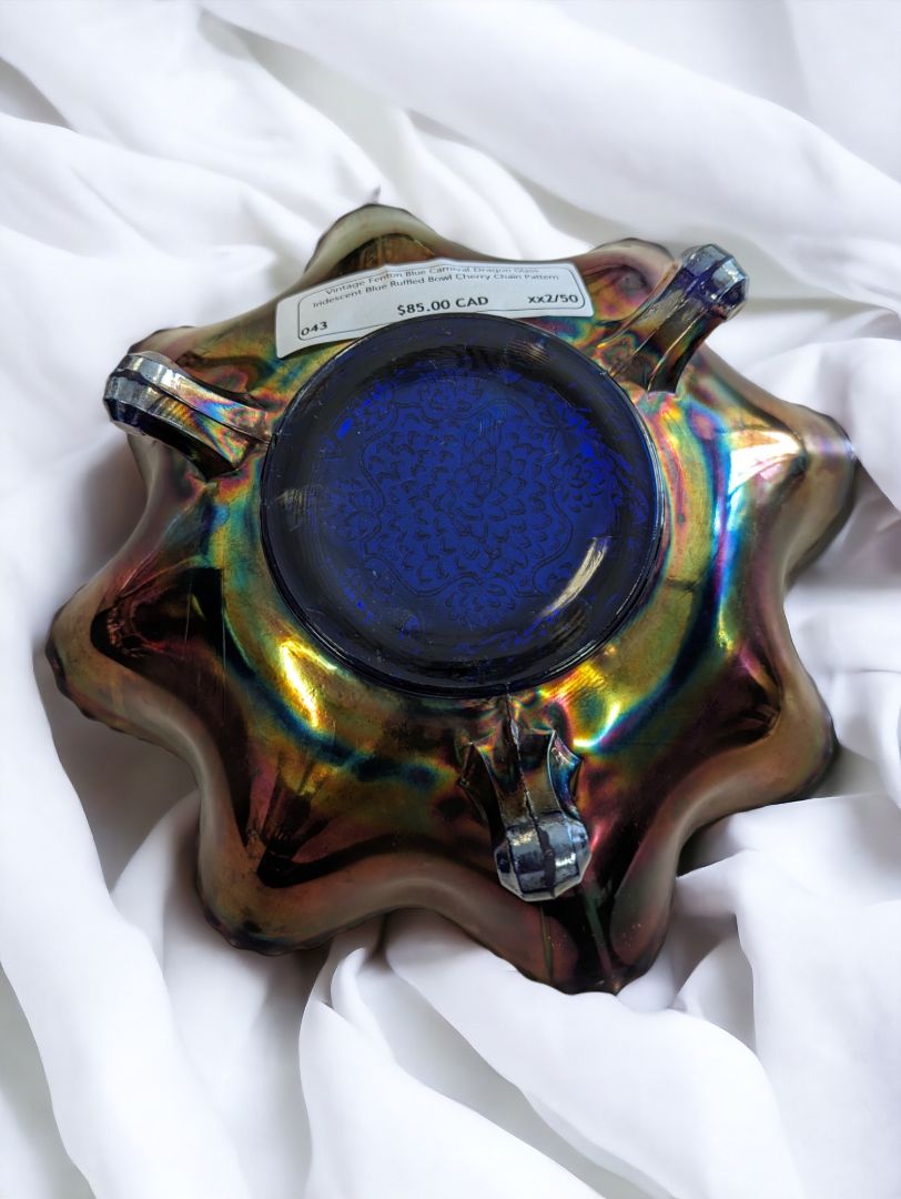 Vintage Fenton Blue Carnival Dragon Glass Bowl