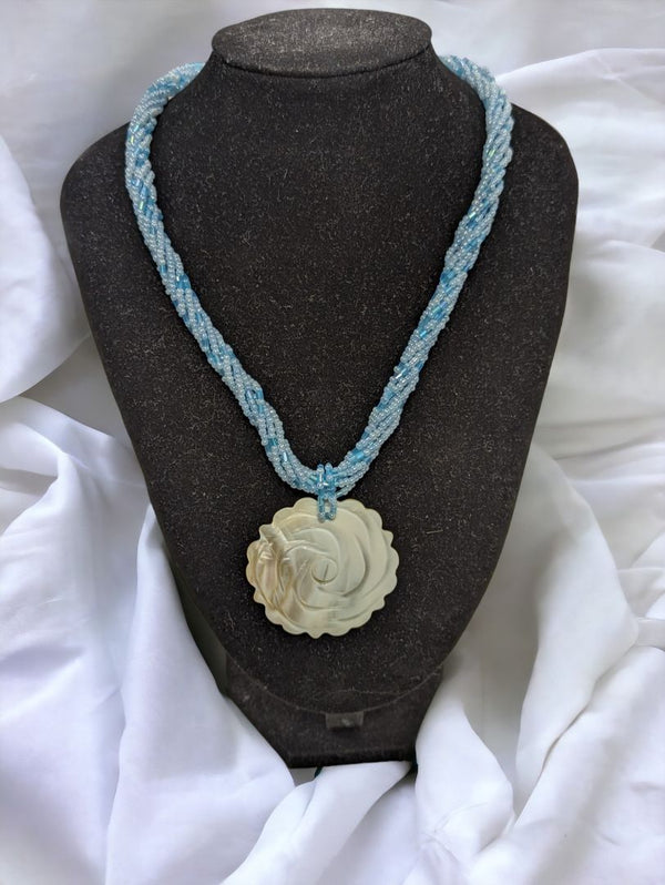Baby Blue Seed Bead Necklace with Shell Pendant