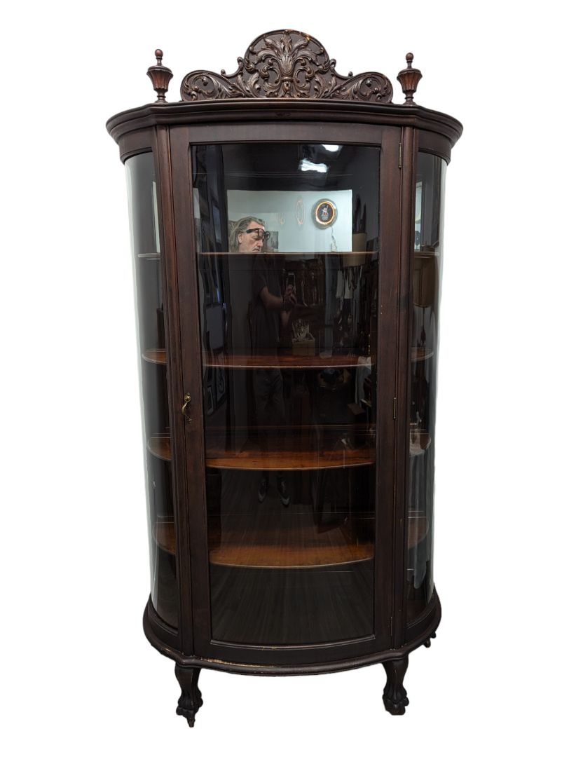 Antique Oak Curved Glass Claw Foot China Cabinet