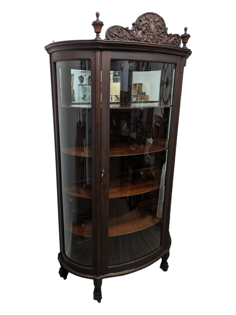 Antique Oak Curved Glass Claw Foot China Cabinet