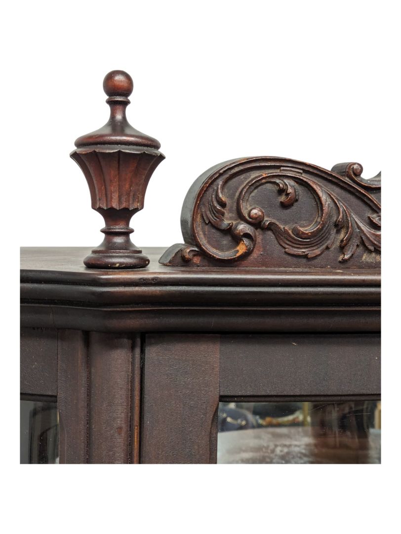 Antique Oak Curved Glass Claw Foot China Cabinet