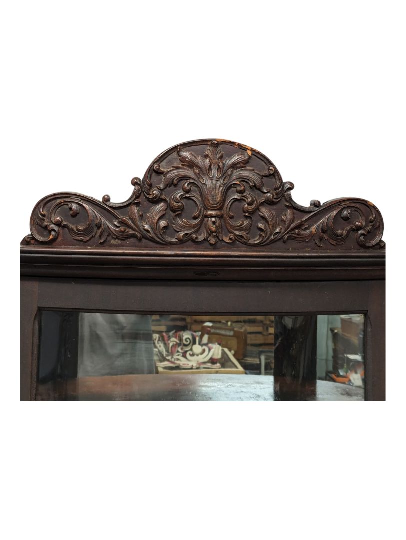 Antique Oak Curved Glass Claw Foot China Cabinet