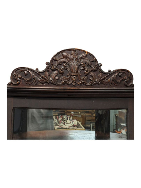 Antique Oak Curved Glass Claw Foot China Cabinet