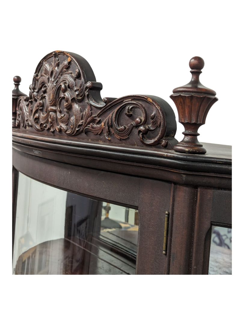 Antique Oak Curved Glass Claw Foot China Cabinet