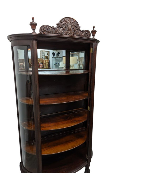 Antique Oak Curved Glass Claw Foot China Cabinet