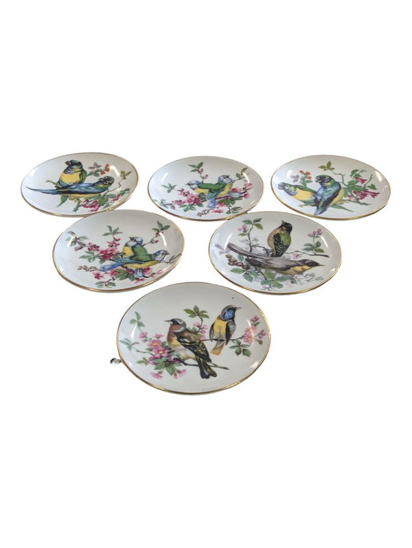 6 Vintage Mini Bird Plates with Botanicals Gold Rimmed 4" Diameter