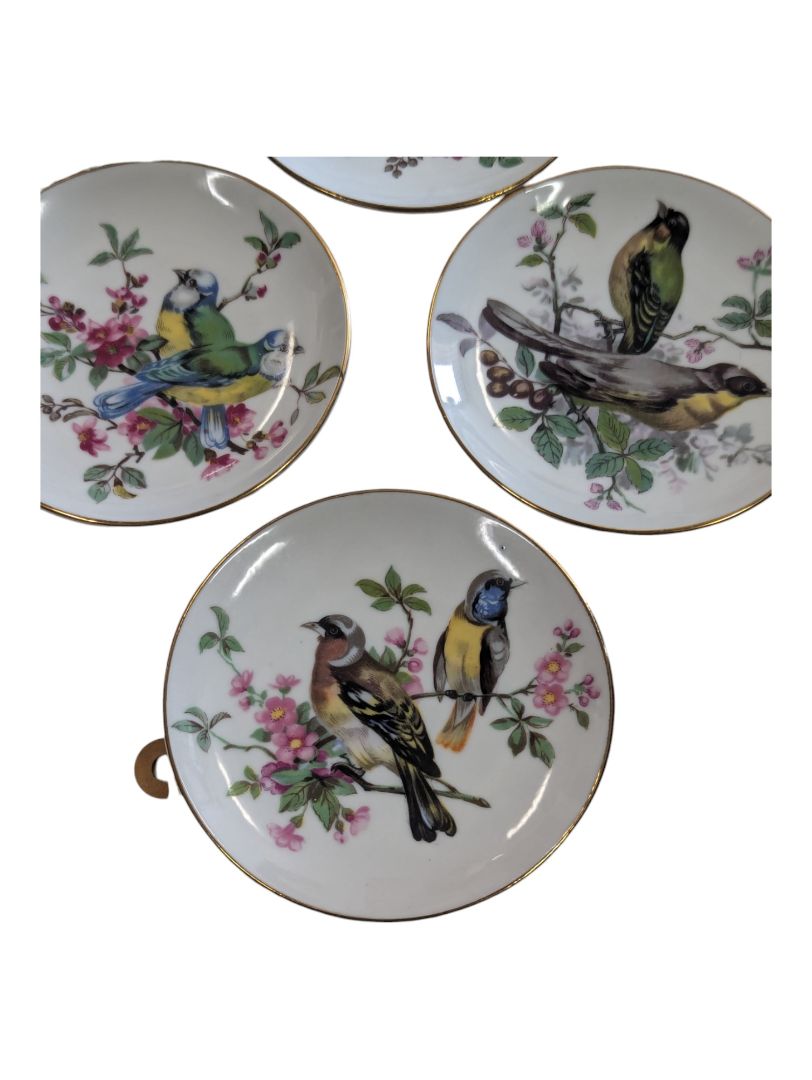 6 Vintage Mini Bird Plates with Botanicals Gold Rimmed 4