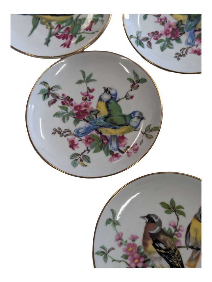 6 Vintage Mini Bird Plates with Botanicals Gold Rimmed 4