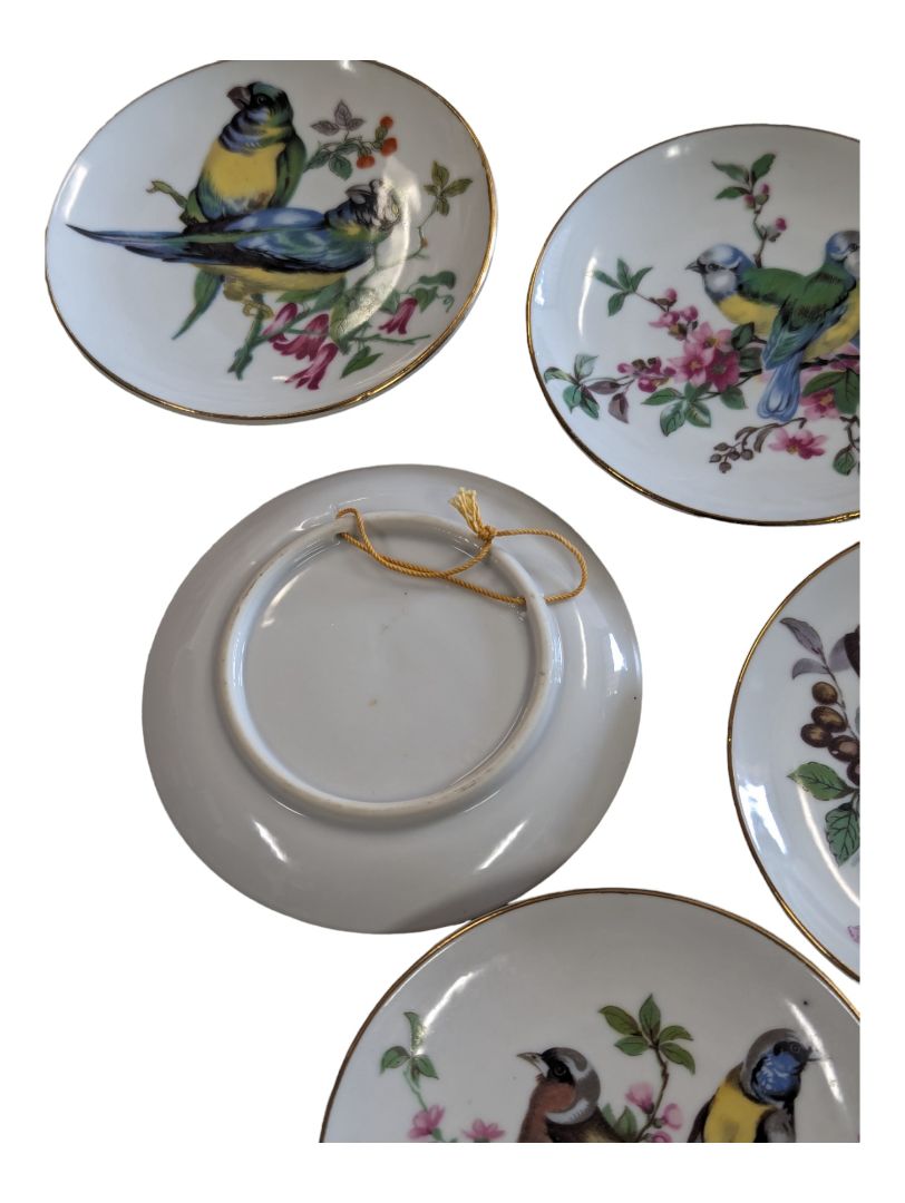 6 Vintage Mini Bird Plates with Botanicals Gold Rimmed 4