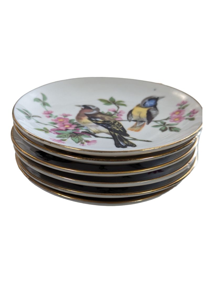 6 Vintage Mini Bird Plates with Botanicals Gold Rimmed 4