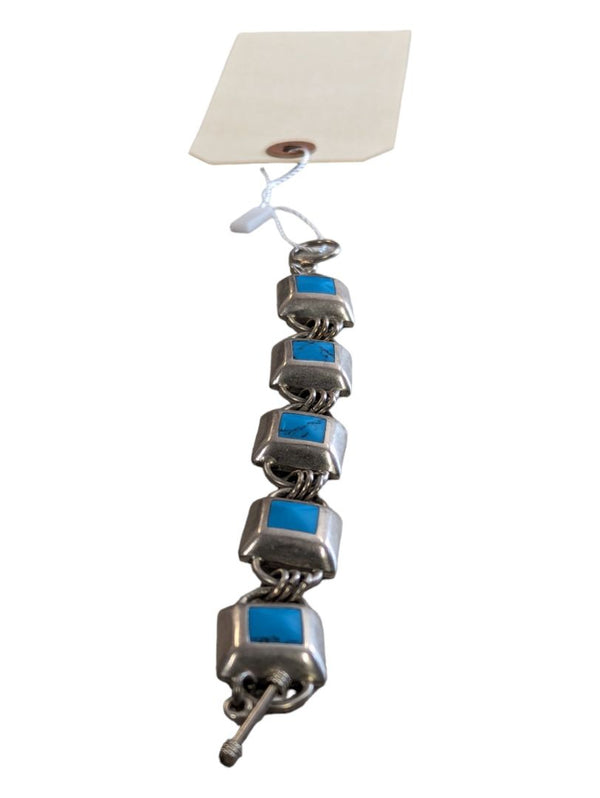 VTG Sterling & Turquoise Inlay Square Link Toggle Clasp Bracelet