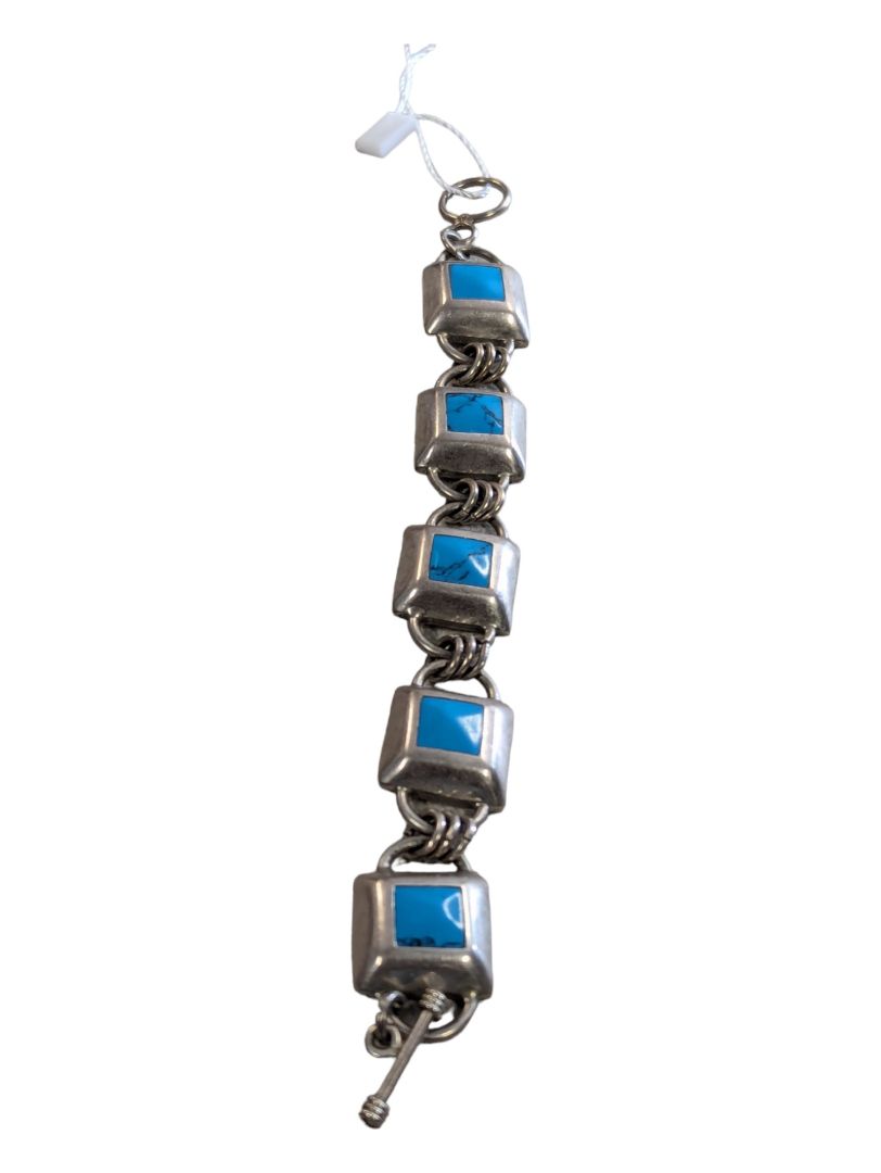 VTG Sterling & Turquoise Inlay Square Link Toggle Clasp Bracelet