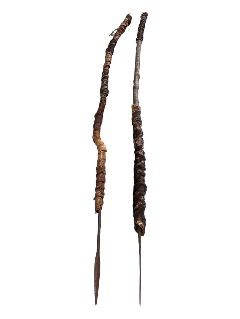 Tuareg African tribal art. Spear in wood, leather and metal. African spear