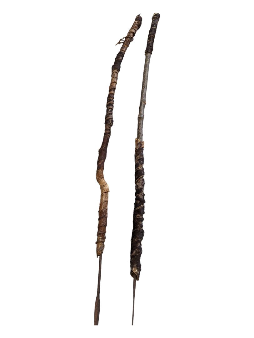 Tuareg African tribal art. Spear in wood, leather and metal. African spear