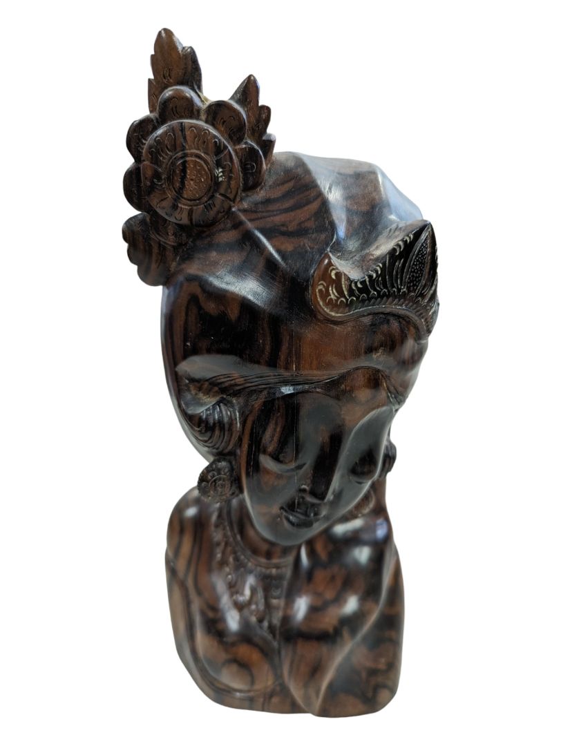 Antique Detailed Dark Wood Carving Woman Statue
