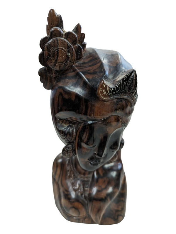 Antique Detailed Dark Wood Carving Woman Statue