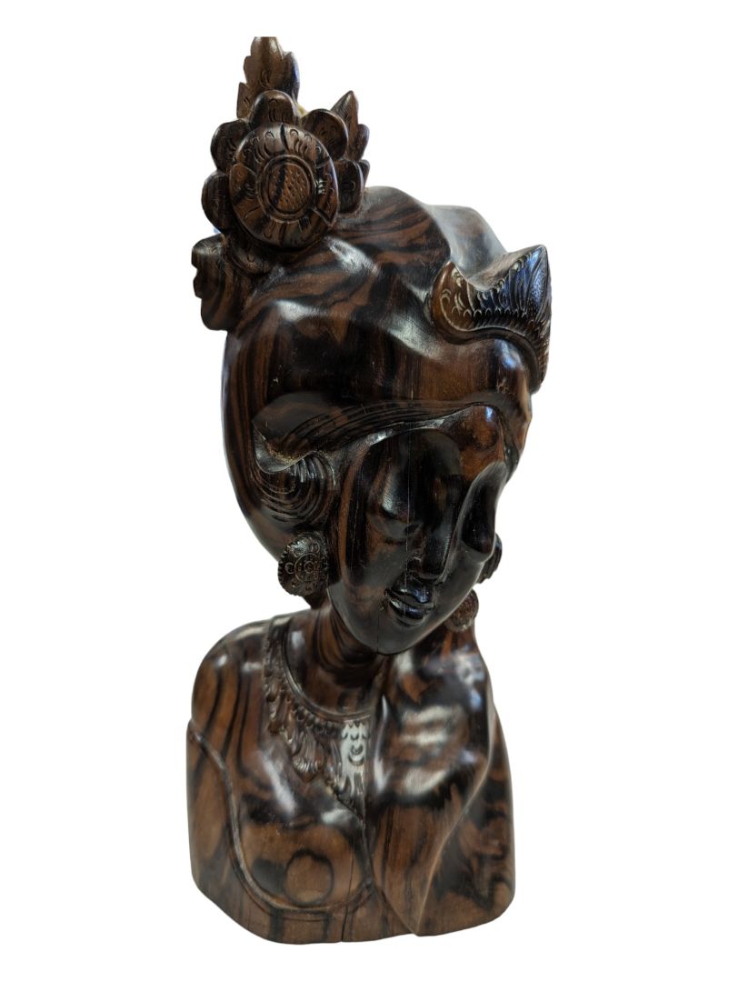 Antique Detailed Dark Wood Carving Woman Statue