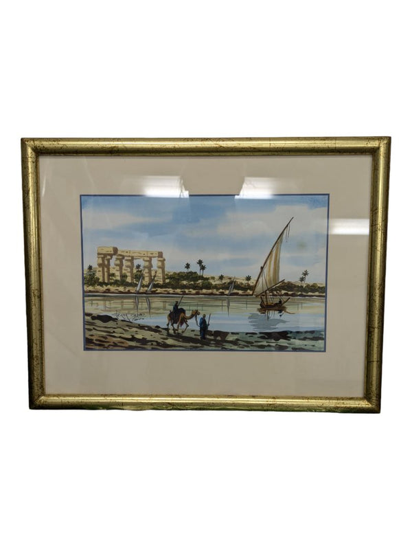 ORIGINAL SIGNED WATERCOLOUR OF A TEMPLE ON THE NILE IN CAIRO EGYPT