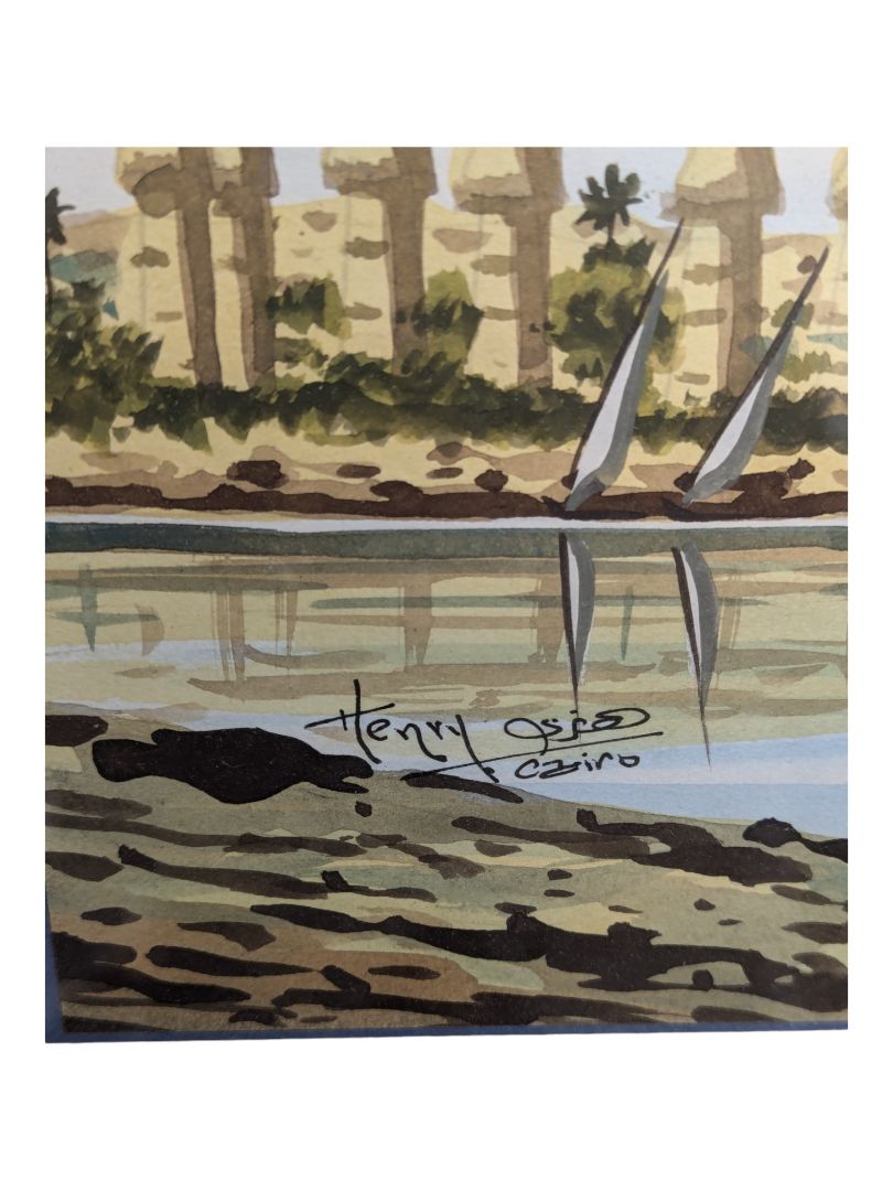ORIGINAL SIGNED WATERCOLOUR OF A TEMPLE ON THE NILE IN CAIRO EGYPT