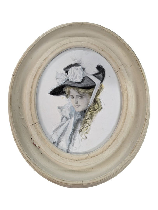 Antique Art Nouveau Harrison Fisher Watercolor Oval Frame
