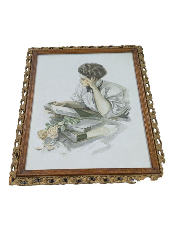 HARRISON FISHER ORIGINAL PRINT FRAMED -THE STUDY HOUR