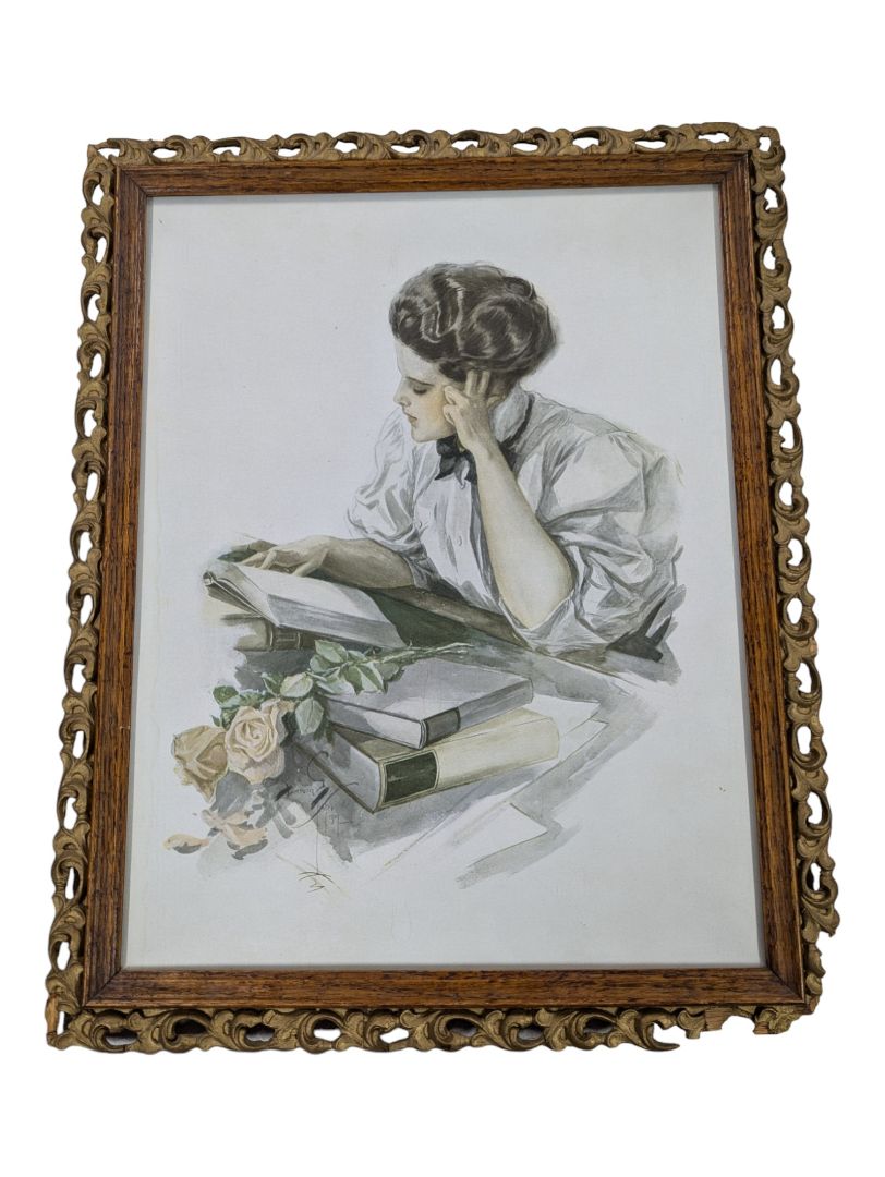 HARRISON FISHER ORIGINAL PRINT FRAMED -THE STUDY HOUR