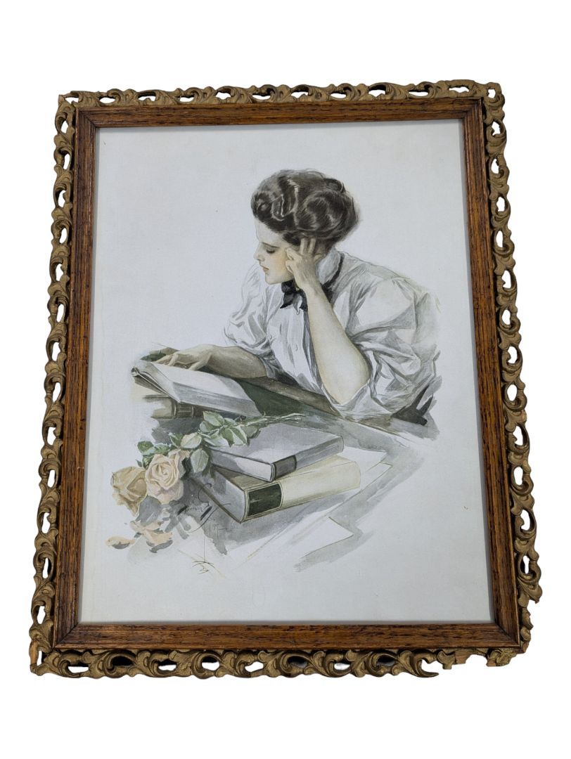 HARRISON FISHER ORIGINAL PRINT FRAMED -THE STUDY HOUR