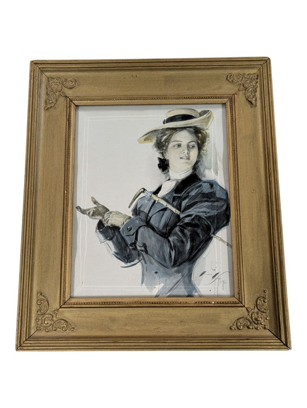 Harrison Fisher Vintage Print, Lovely Lady with Hat - 1907 - Matted & Framed