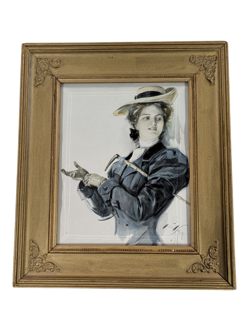 Harrison Fisher Vintage Print, Lovely Lady with Hat - 1907 - Matted & Framed