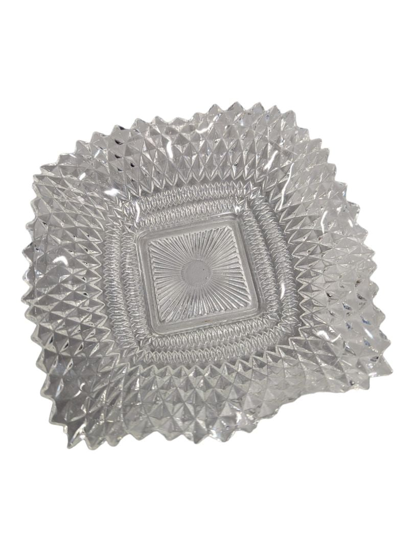 Vintage INDIANA GLASS Clear Square Ruffled Diamond Point-Candy/Nut/dish