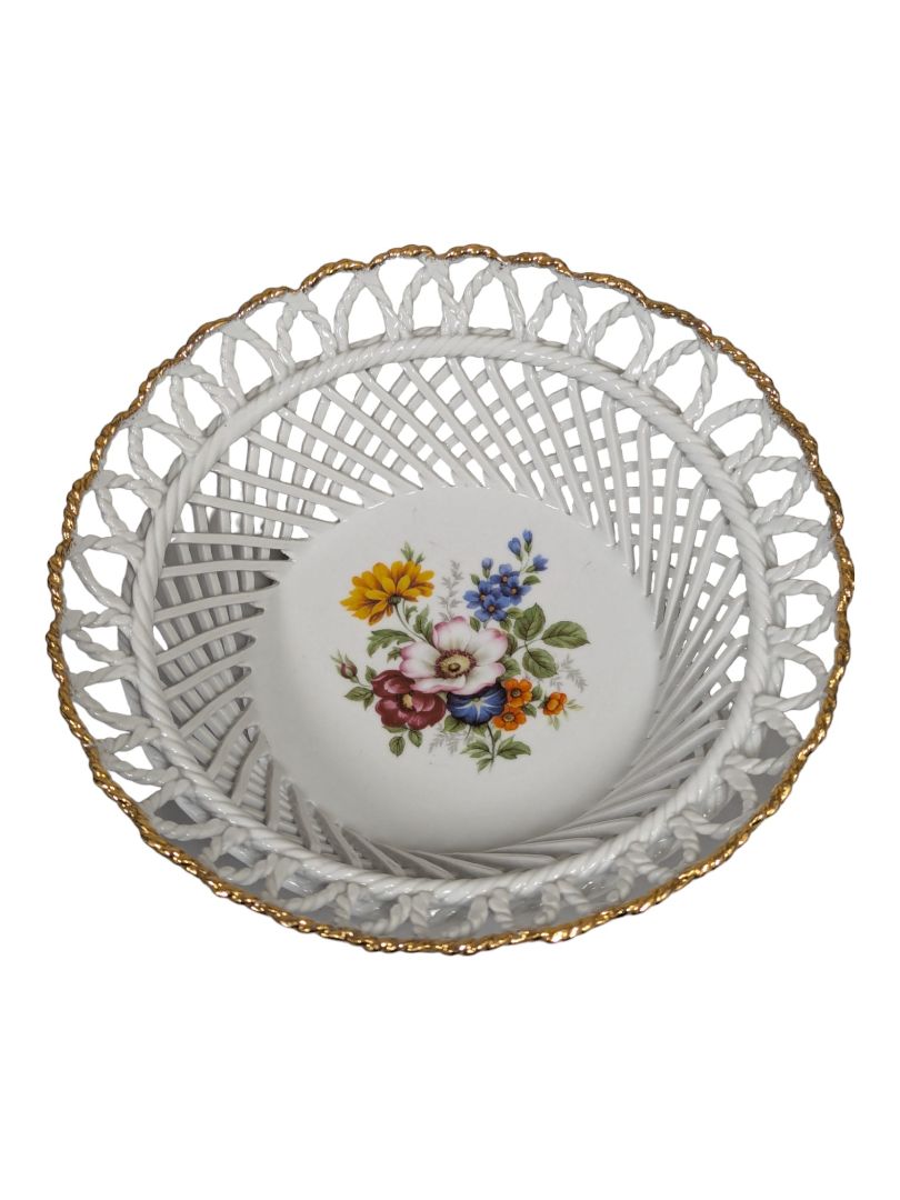 Vintage ROMANIA BASKET WEAVE Bowl Hand Painted Open Weave Bowl