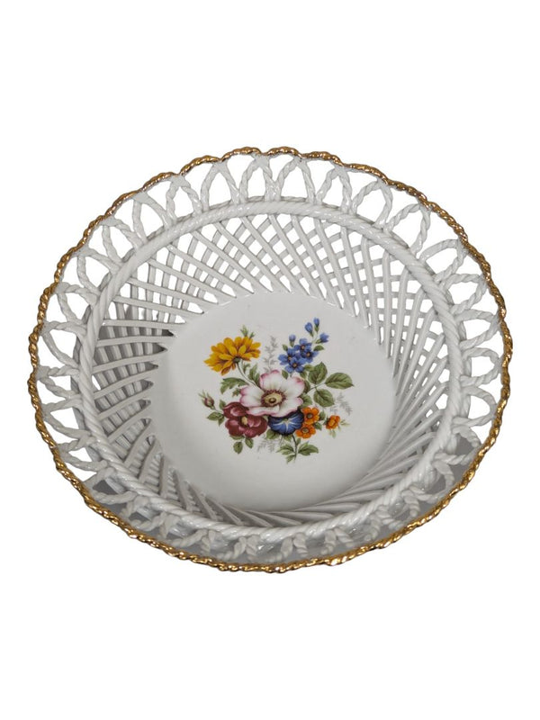 Vintage ROMANIA BASKET WEAVE Bowl Hand Painted Open Weave Bowl