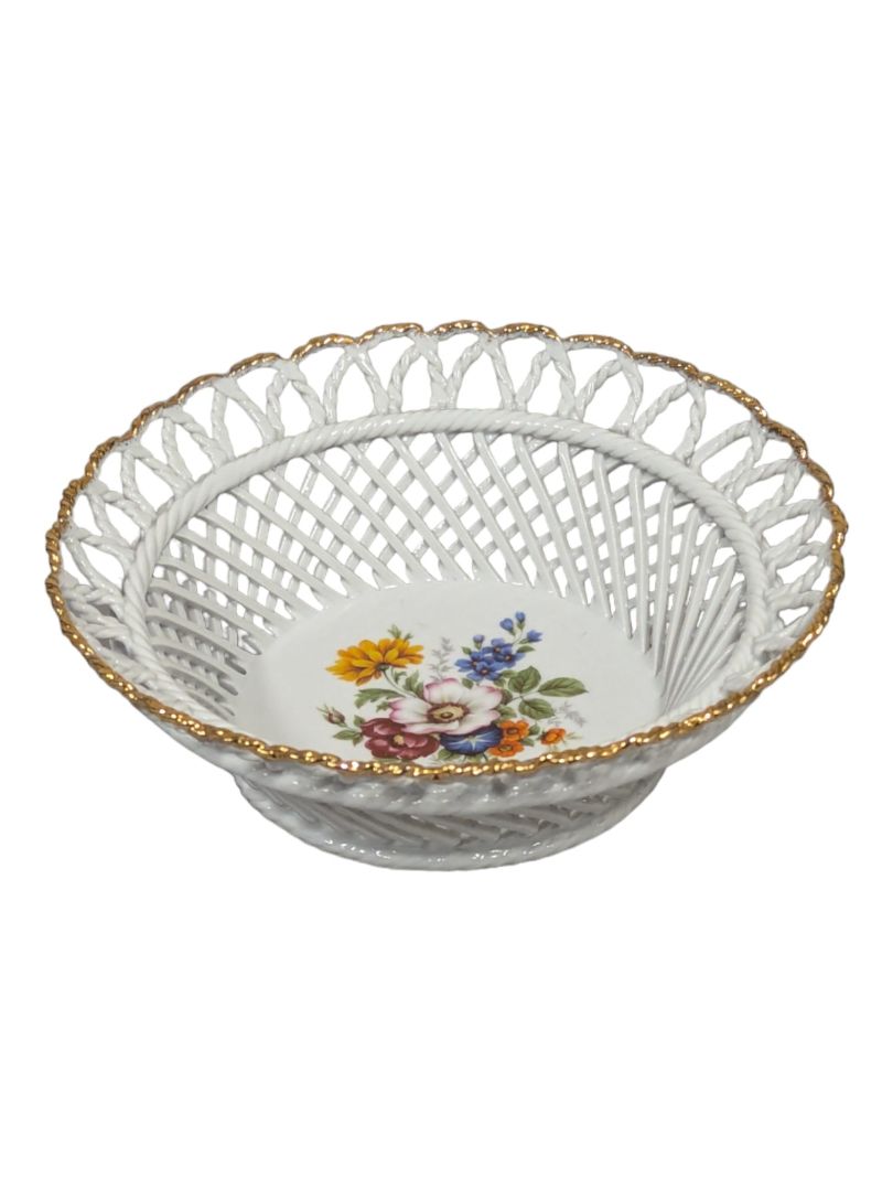 Vintage ROMANIA BASKET WEAVE Bowl Hand Painted Open Weave Bowl