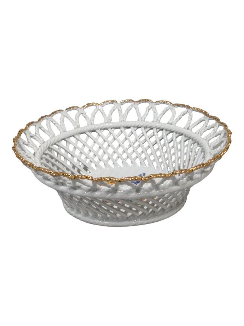 Vintage ROMANIA BASKET WEAVE Bowl Hand Painted Open Weave Bowl
