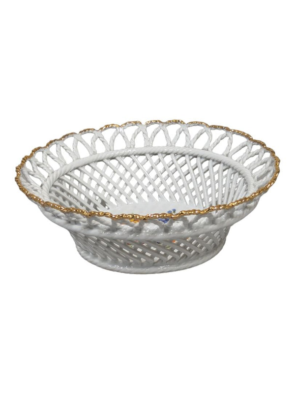 Vintage ROMANIA BASKET WEAVE Bowl Hand Painted Open Weave Bowl