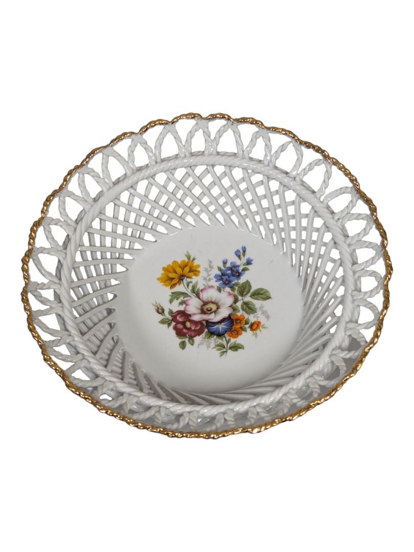Vintage ROMANIA BASKET WEAVE Bowl Hand Painted Open Weave Bowl
