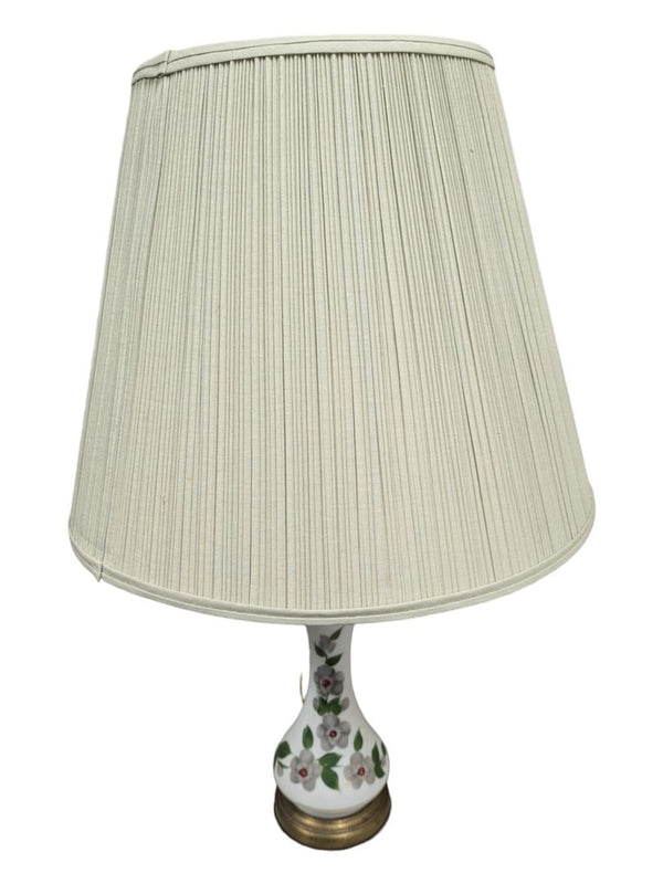 Set of 2 Vintage Milk glass & Metal Lamp w/ Cloth shade - gold accents, floral pattern
