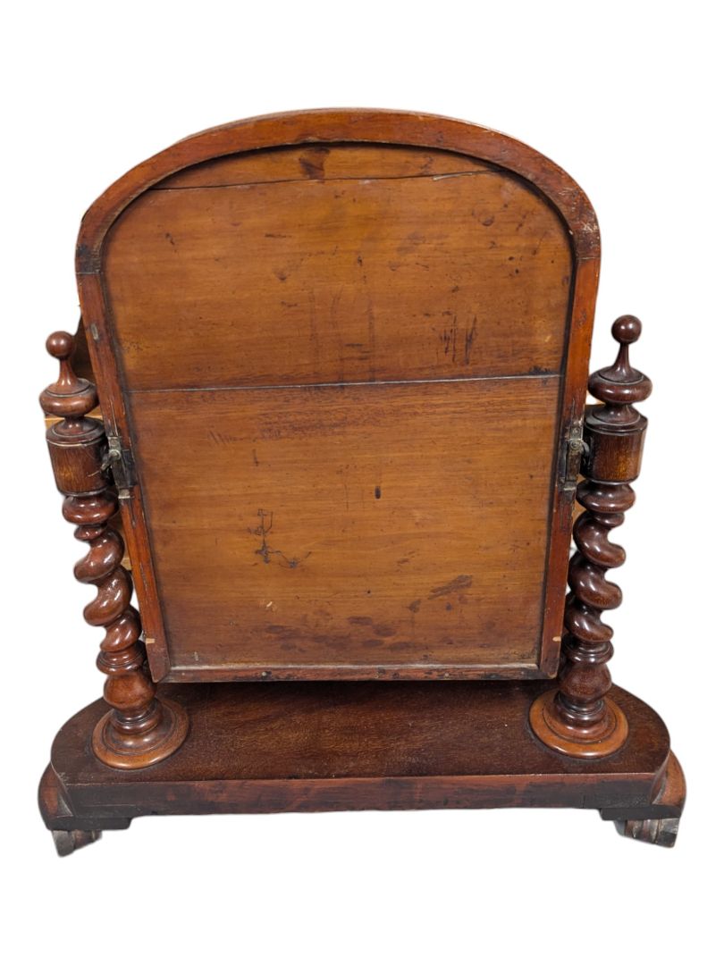 Antique 19th Century Victorian Mahogany Barley Twist Columns Dressing Shaving Mirror on bun feet