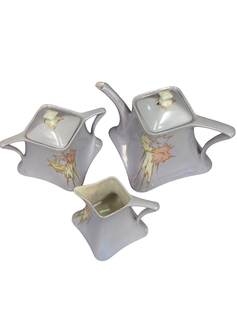 Rare German Square Teapot, Cream & Sugar Set