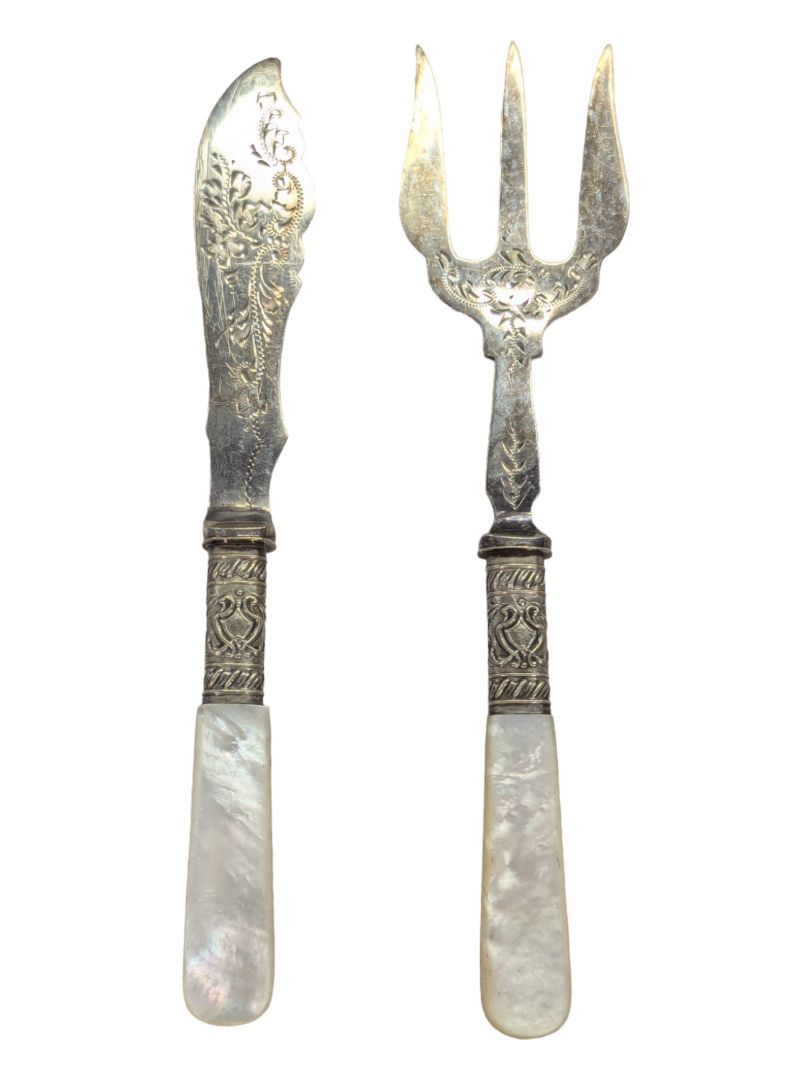 Antique Mother of Pearl Silver Bread Fork & Fish Knife