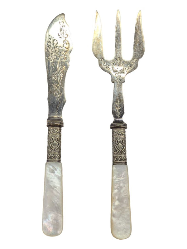 Antique Mother of Pearl Silver Bread Fork & Fish Knife