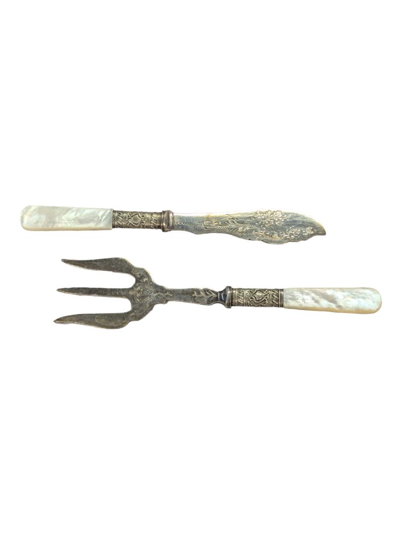 Antique Mother of Pearl Silver Bread Fork & Fish Knife