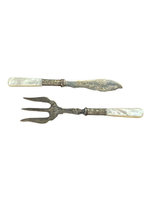 Antique Mother of Pearl Silver Bread Fork & Fish Knife
