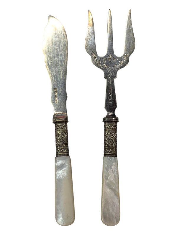 Antique Mother of Pearl Silver Bread Fork & Fish Knife