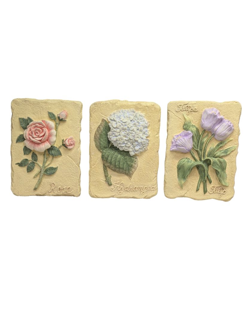 Vintage Lot Of 3 Chalkware Floral 3D Wall Plaques
