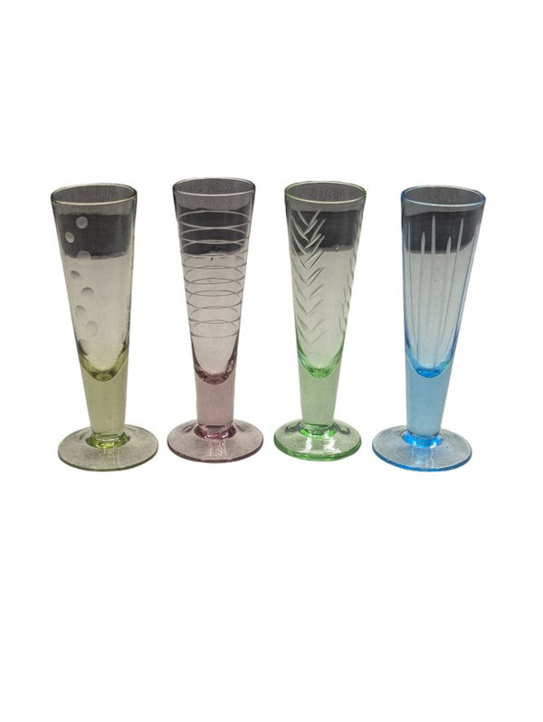 Vintage Set of 4 Etched Colored Art Glass Deco Style Shot Glasses