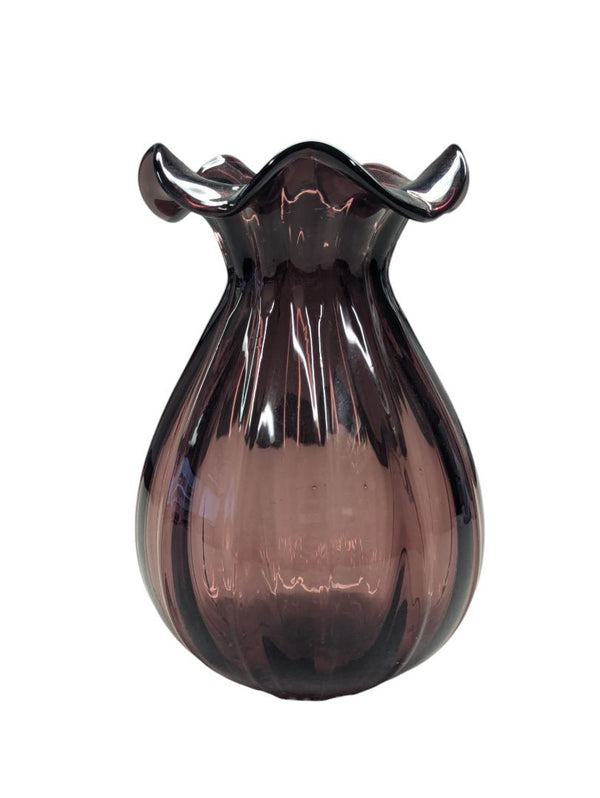Amethyst Purple Blown Glass Ruffle Top Vase