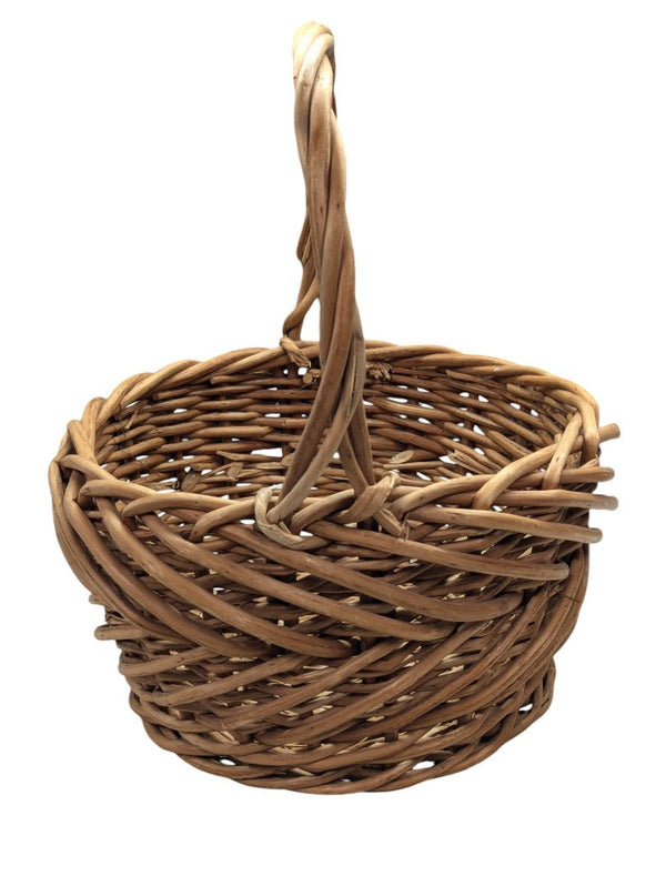 Round Rustic Woven Twig Basket With Tall Handle