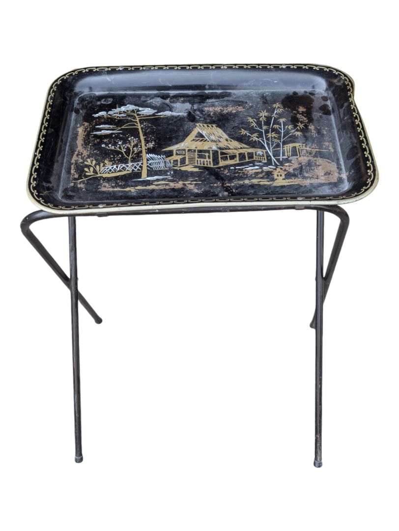 Black  Vintage 1950's TV Tray Asian motive